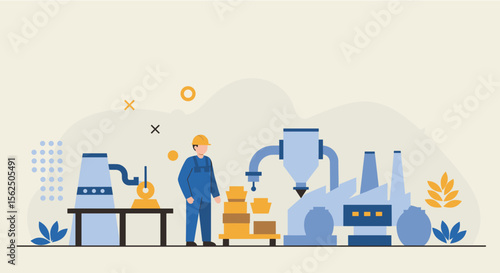 Flat design style illustration of a worker in a factory setting, perfect for industrial landing pages, banners, marketing materials, and presentations.