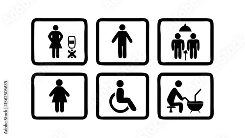 Restroom signs vector illustration set with gender neutral accessible baby changing and shower symbols use 100