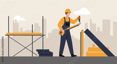 An illustration showcasing a construction worker in overalls and a hard hat using a measuring tape on a building site, with a city skyline in the background, perfect for web design and marketing