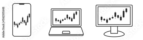 ネット証券、株価、投資、資産運用、NISA、ローソク足のグラフ、チャートのセット（スマホ、パソコン）