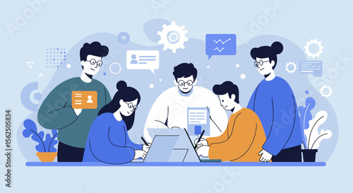 Diverse team collaborates on a business project using laptops and tablets in a modern flat design office setting.