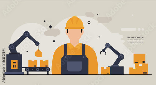 A flat design illustration depicts a worker overseeing an automated assembly line with robotic arms packaging boxes, ideal for a technology or manufacturing landing page.