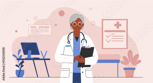 Friendly female doctor in flat design style holds a clipboard in her medical office, perfect for websites, presentations, and marketing materials.