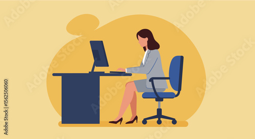 a woman sitting at a desk using a computer, with a yellow circular background. Suitable for landing page, banner, marketing, web design, presentation, infographic, etc.