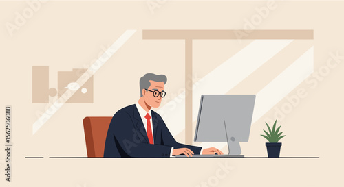 a man in a suit sitting at a desk, working on a computer with a potted plant to his right. Suitable for landing page, banner, marketing, web design, presentation, infographic, etc.