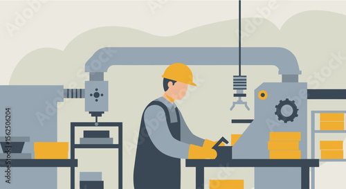 A flat design illustration showing a factory worker in a yellow hardhat operating a machine, ideal for a technology or industry-themed landing page or marketing banner.