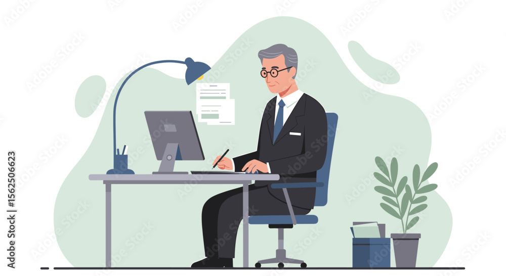 a man in a suit sitting at a desk, working on a computer with a lamp above him, and a plant to his right. Suitable for landing page, banner, marketing, web design, presentation, infographic, etc. a man in a suit sitting at a desk, working on a computer with a lamp above him, and a plant to his right. Suitable for landing page, banner, marketing, web design, presentation, infographic, etc.