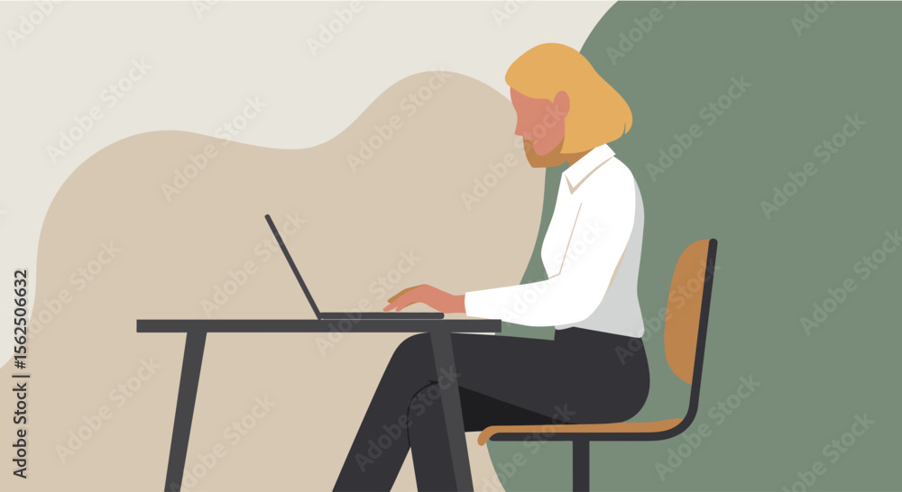a woman sitting at a desk using a laptop, with a neutral background. Suitable for landing page, banner, marketing, web design, presentation, infographic, etc. a woman sitting at a desk using a laptop, with a neutral background. Suitable for landing page, banner, marketing, web design, presentation, infographic, etc.