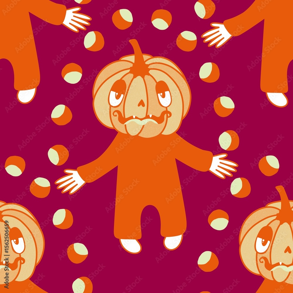 Naklejka premium Autumn harvest vegetable seamless monster Halloween pumpkins pattern for wrapping paper and fabrics