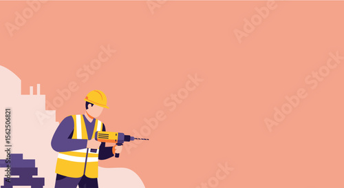 A construction worker in a yellow hard hat and safety vest uses a power drill against a peach-colored backdrop, indicative of web design and marketing materials.