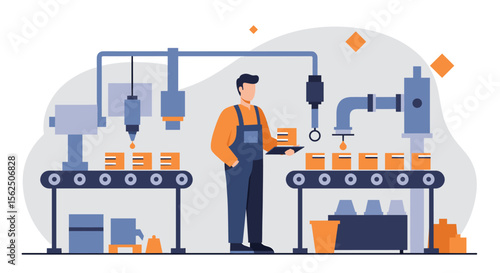 Modern factory production line with worker overseeing automated processes, conveying a sense of industry and efficiency.