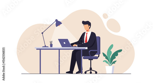 A man dressed in a suit is seated at a desk, working on a laptop with a lamp illuminating his workspace. Suitable for landing page, banner, marketing, web design, presentation, infographic, etc.