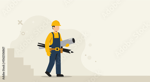 Illustrated construction worker in overalls and hard hat walks with blueprints and tools, ideal for a landing page or marketing banner with a modern flat design.