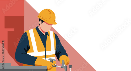 a construction worker wearing a hard hat and safety vest, using a tool to work on a structure. Suitable for landing page, banner, marketing, web design, presentation, infographic, etc.