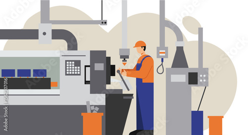 An industrial worker in an orange uniform and hard hat operates a large CNC machine in a modern factory setting, illustrating precision manufacturing processes.
