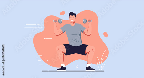 a man in a gray t-shirt and black shorts performing a squat exercise with dumbbells. Suitable for landing page, banner, marketing, web design, presentation, infographic, etc.