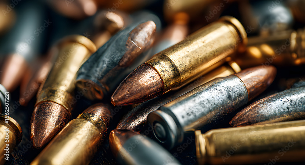 Close up of a large jumbled pile of silver and gold rifle ammunition cartridges Close up of a large jumbled pile of silver and gold rifle ammunition cartridges
