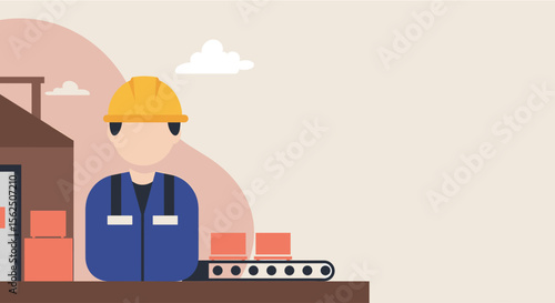 A male worker in a blue uniform and yellow hardhat oversees a conveyor belt carrying boxes in a warehouse, representing industrial production and logistics.