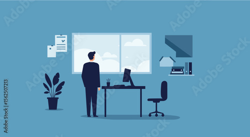 A man stands in an office, gazing out a window at a cloudy sky, with a desk, chair, and plant nearby. Suitable for landing page, banner, marketing, web design, presentation, infographic, etc.