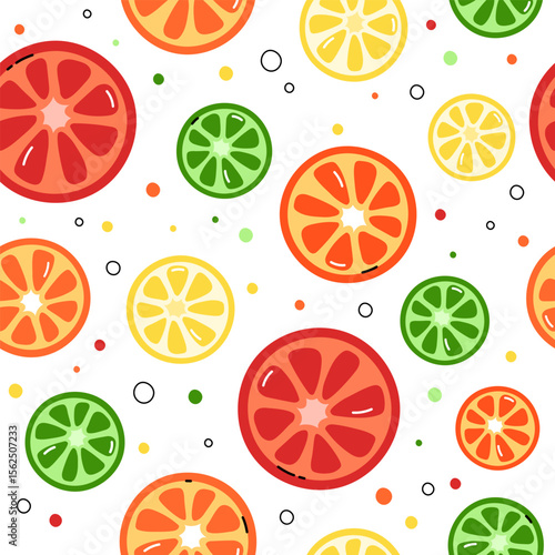 Seamless citrus pattern. Vector background with flat colorful slices of orange, lemon, grapefruit and lime. Repeating summer design, print with simple fruit slices