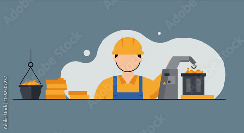 Construction worker in hard hat operating machinery, with bricks and materials, symbolizing industry and building.