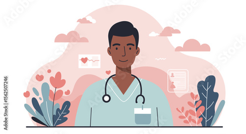 a smiling doctor wearing a stethoscope around his neck. Suitable for landing page, banner, marketing, web design, presentation, infographic, etc.