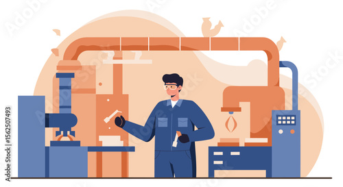 Skilled factory worker operates modern machinery in a clean industrial production line, ensuring quality manufacturing processes.