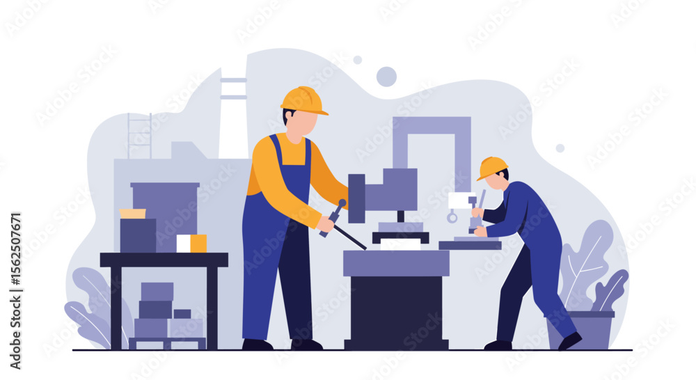 Fototapeta premium An illustration shows two industrial workers in a factory setting, operating machinery, emphasizing manufacturing and the skilled labor involved in industrial production.