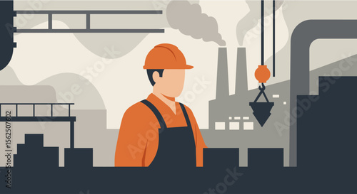 A construction worker in an orange uniform and hard hat stands in a factory with pipes and smokestacks, showcasing the industrial sector and labor force.