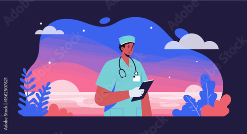 A dedicated male doctor in medical scrubs reviews patient notes on a clipboard against a vibrant, abstract sunset landscape.