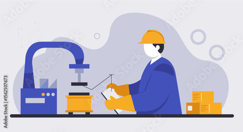 A factory worker in protective gear operates machinery on an assembly line, overseeing production in a modern industrial setting.