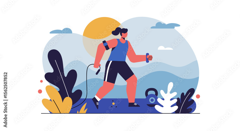 a person jogging outdoors, holding a water bottle, with a sun and clouds in the background. Suitable for landing page, banner, marketing, web design, presentation, infographic, etc. a person jogging outdoors, holding a water bottle, with a sun and clouds in the background. Suitable for landing page, banner, marketing, web design, presentation, infographic, etc.