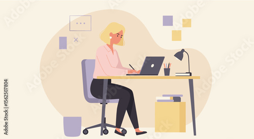 Flat design illustration of a businesswoman working on her laptop at her desk, ideal for landing page banners, marketing presentations, and web design projects.