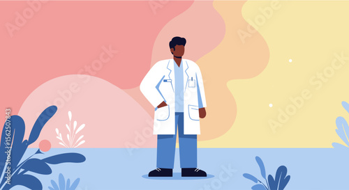 a person in a white lab coat standing against a colorful background with plants and abstract shapes. Suitable for landing page, banner, marketing, web design, presentation, infographic, etc.