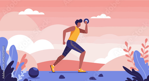 A fit man in a vibrant flat illustration style performs an outdoor lunge with a dumbbell, emphasizing health and an active lifestyle.