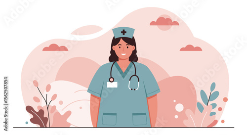 A friendly female nurse in scrubs and cap stands against a soft pink background with simple floral details, conveying care and medical professionalism.