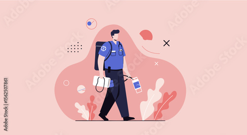 A delivery worker is walking on a pink background with a backpack and a bag, ready to deliver packages to customers in a modern, flat design style.