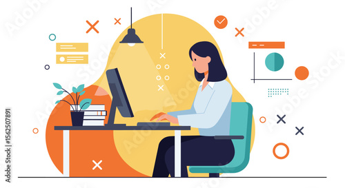 An illustrated flat design of a businesswoman working at her desk, utilizing a computer and various office supplies, perfect for marketing and presentation visuals.