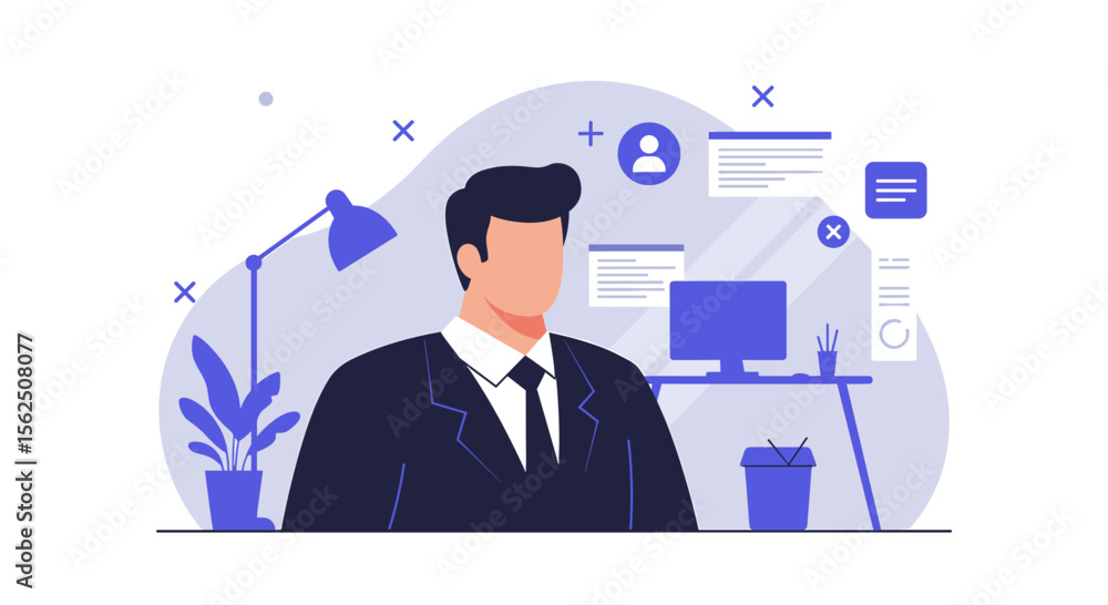 A professional businessman in a sleek suit is depicted in a modern flat illustration style, surrounded by digital interface elements in a conceptual office environment. A professional businessman in a sleek suit is depicted in a modern flat illustration style, surrounded by digital interface elements in a conceptual office environment.