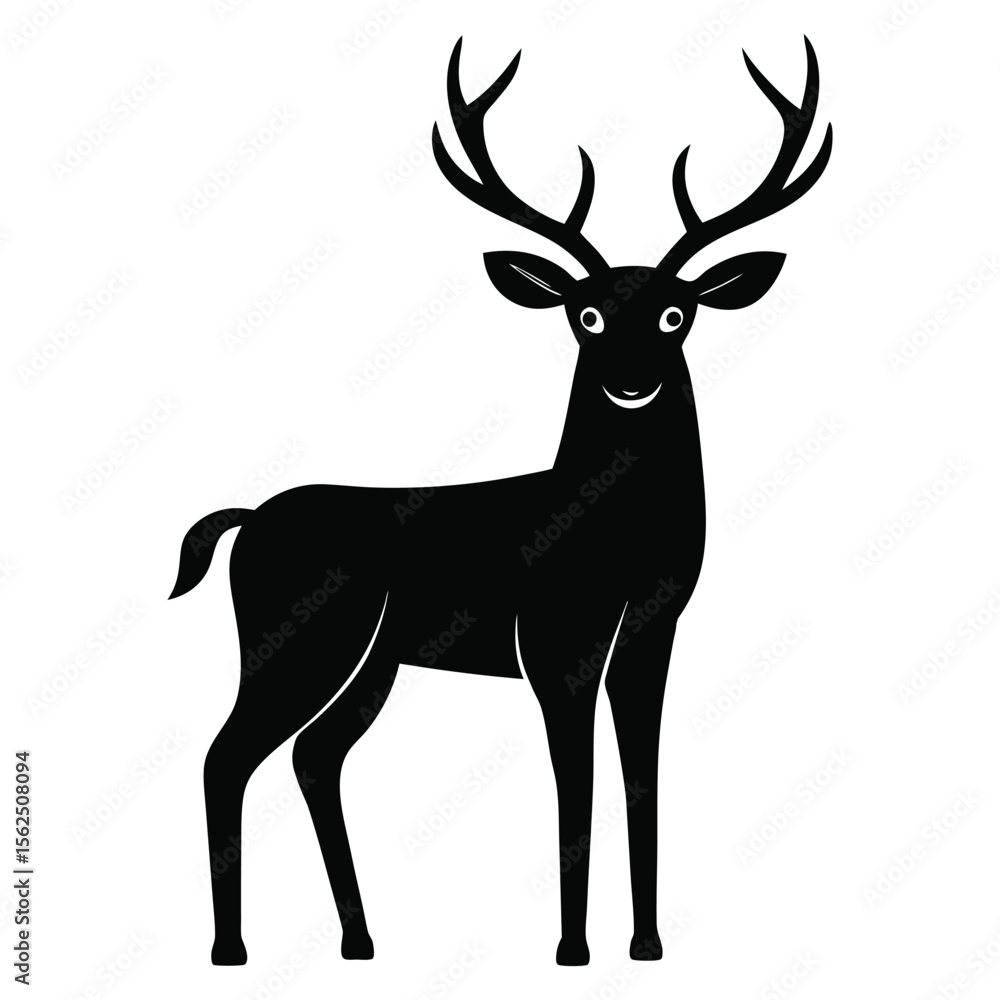 Obraz premium Simple Black Silhouette of a Smiling Deer with Antlers on White
