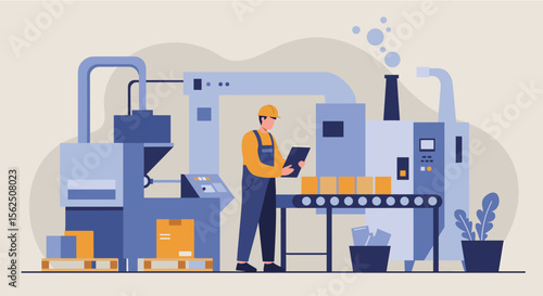 A male factory worker in a yellow hard hat oversees a production line of packaged goods, using a tablet to monitor the process in a modern industrial facility.