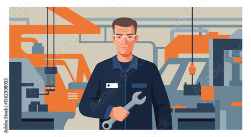 A male factory worker wearing safety glasses and a uniform holds a wrench in an industrial workshop, depicted in a modern flat design illustration style.