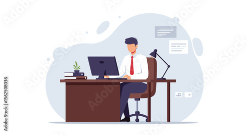 A young professional works at his desk on a computer, showcasing a modern office environment and the focus required for success in business.