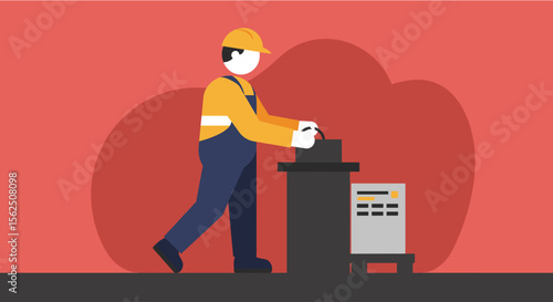a worker in a yellow hard hat and blue overalls operating a machine with a control panel. Suitable for landing page, banner, marketing, web design, presentation, infographic, etc.