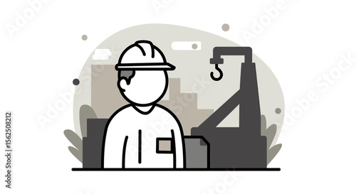 a construction worker wearing a hard hat, standing in front of a crane with a city skyline in the background. Suitable for landing page, banner, marketing, web design, presentation, infographic, etc.