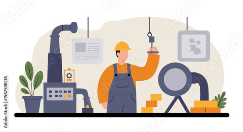 Modern flat design illustration of a factory worker in a workshop with machinery and industrial elements for business presentations.