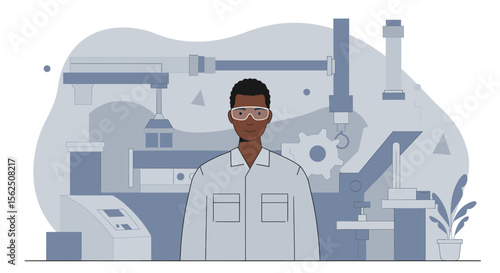 A confident Black male engineer in a lab coat and safety goggles stands amidst advanced industrial machinery, symbolizing modern manufacturing and technological innovation.