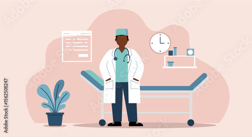 An illustration depicts a Black male doctor in a medical office setting, featuring a stethoscope, examination bed, and a wall clock, conveying healthcare and medical concepts.