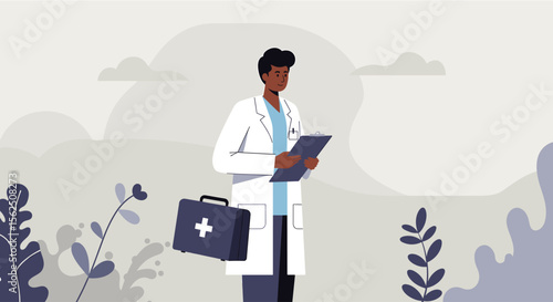 A young African American doctor in a white coat thoughtfully reviews patient files outdoors, carrying a medical bag, showcasing healthcare and wellness.