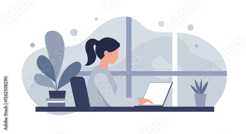a woman sitting at a desk, focused on using a laptop, with a potted plant and a window in the background. Suitable for landing page, banner, marketing, web design, presentation, infographic, etc.